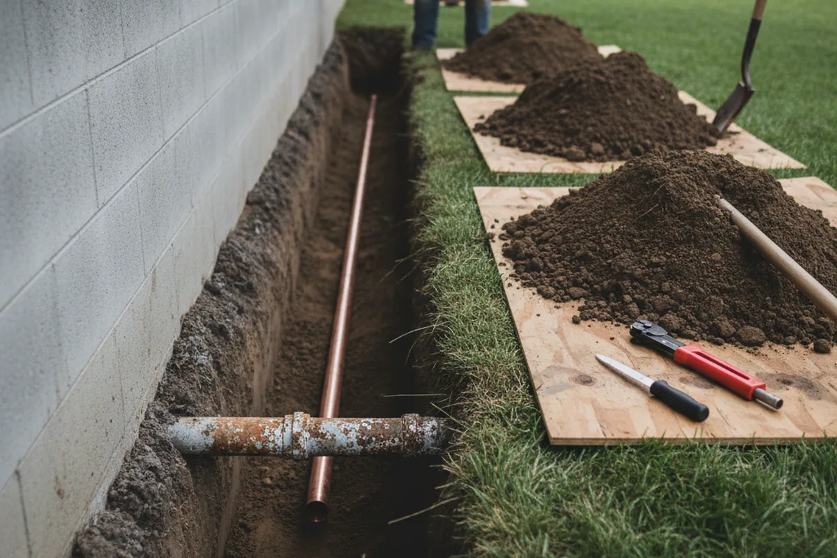 Excavated water line trench during Water Softener Installation in Lake Arrowhead